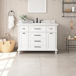 Tarbot 48 in. W x 22 in. D x 34 in. H Single Sink Bath Vanity in White with Carrara Marble Top with Outlet