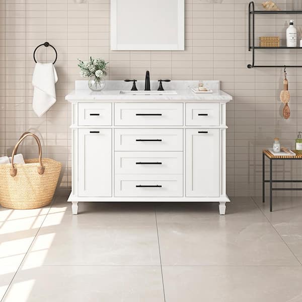 Home Decorators Collection Tarbot 48 in. W x 22 in. D x 34 in. H Single Sink Bath Vanity in White with Carrara Marble Top with Outlet