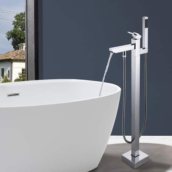 Single-Handle Floor Mounted Freestanding Tub Faucet with Hand Shower in Chrome
