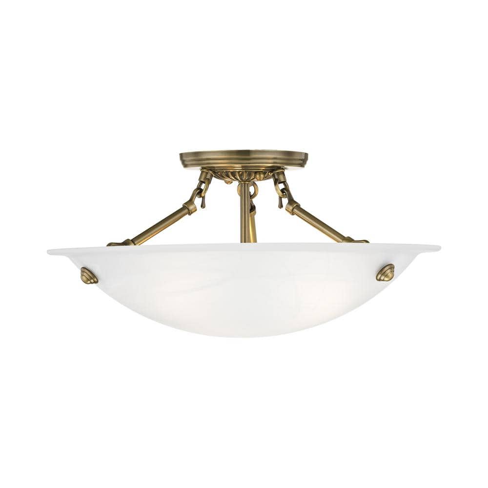 Antique Brass Elegance 3-Light Flush Mount with White Alabaster Glass