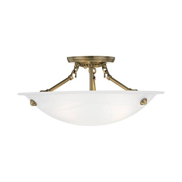 3 Light Livex Oasis Antique Brass Semi Flush Mount Ceiling Fixture Lamp 4273-01 