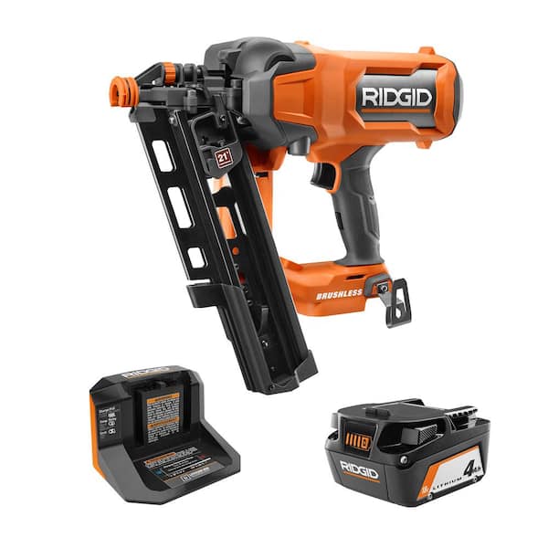 RIDGID 18V Brushless Cordless 21° 3-1/2 in. Framing Nailer Kit with 4.0 Ah  Battery and Charger R09894KN - The Home Depot