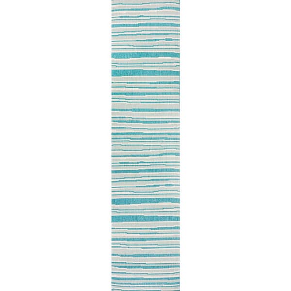Castara Aqua/Cream 2 ft. x 8 ft. Wavy Stripe Modern Indoor/Outdoor Area Rug