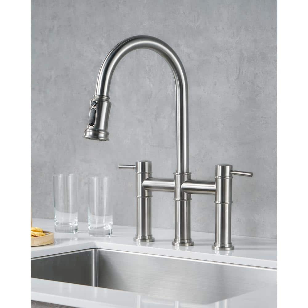 Brushed Nickel Double Handle Bridge Kitchen Faucet with Pull Down Sprayer