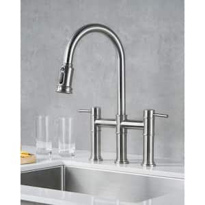 3 Holes Double Handle Bridge Kitchen Faucet with Pull Down Sprayer and Supply Lines in Brushed Nickel