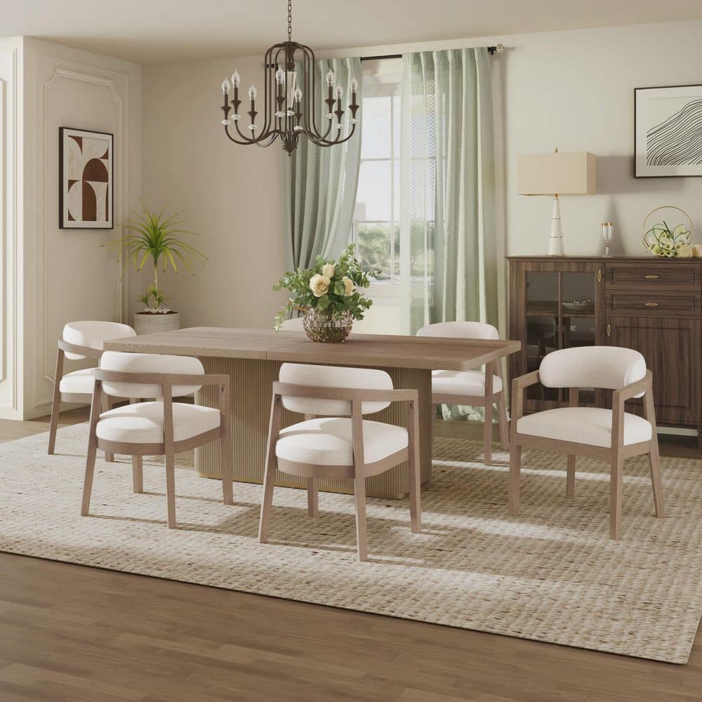 Christopher Knight Home Ambessa Modern 7 Piece Rubberwood Upholstered Dining Set, Natural/Beige, image size:1000x1000