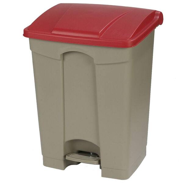Carlisle 18 Gal. Beige Rectangular Touchless Step-On Trash Can with Red Lid