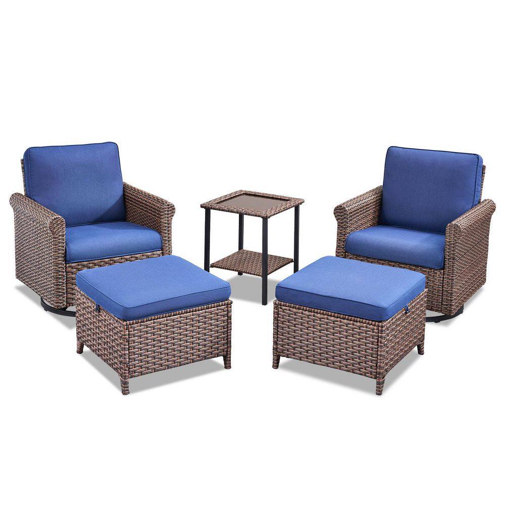 5-Piece Patio Wicker Patio Conversation Outdoor Swivel Chairs Set, with 2 Ottomans and 1 Side Table, Blue Cushions price history on PriceWatchPro