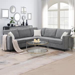 91 in. W Shelter Arm 3-Piece Polyester Upholstered L-Shaped Sectional Sofa in Gray with 3-Pillows