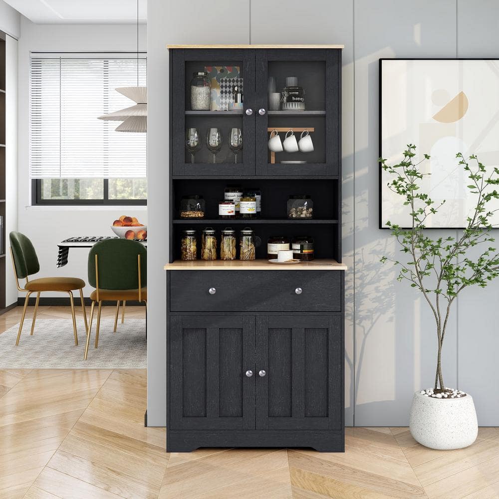 Black 70.9 in. Multifunctional Pantry Cabinet MDF Storage Cabinet with ...