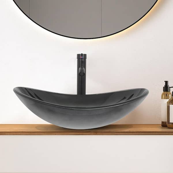 Puluomis Glass Oval Vessel Sink in Black Grey