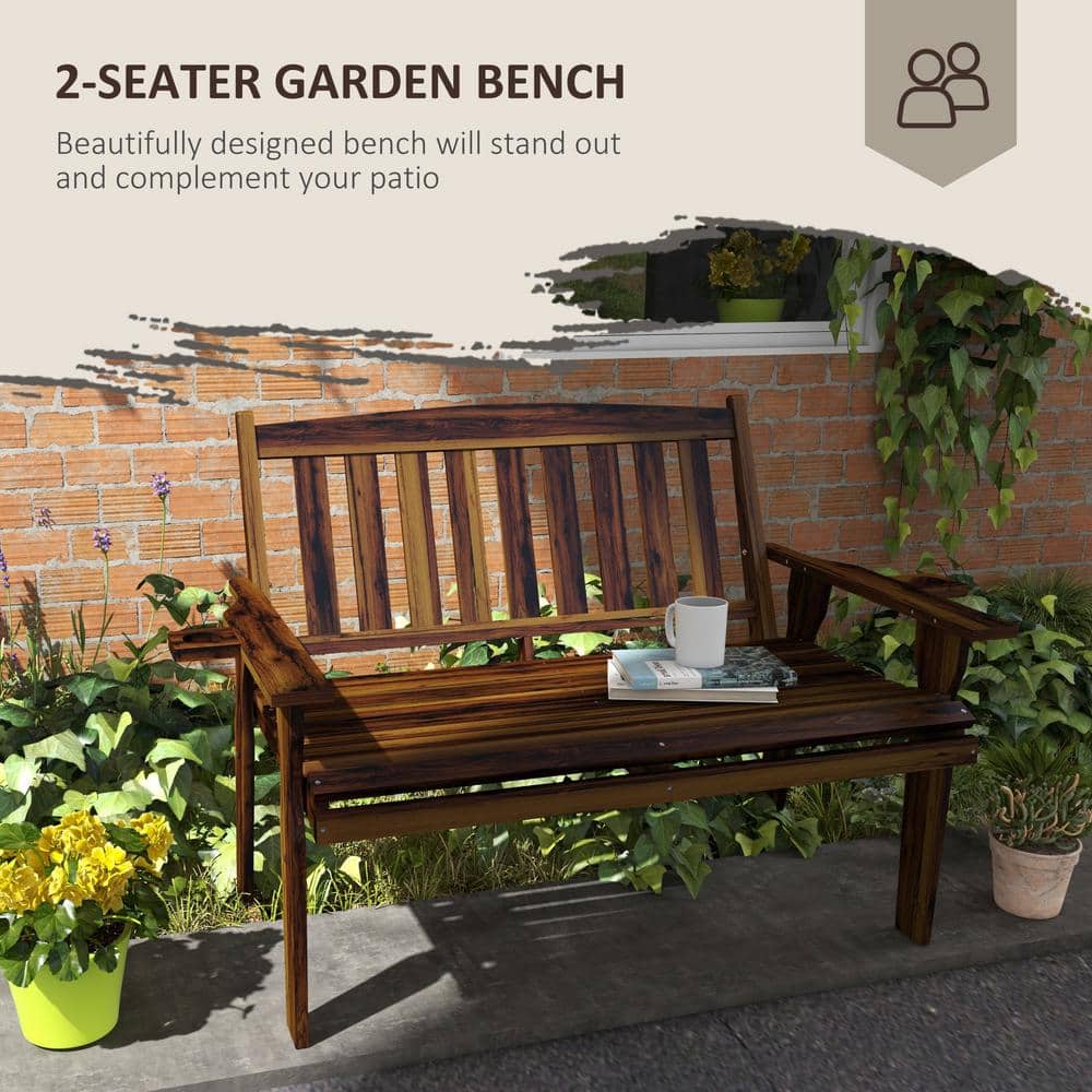 Outsunny Carbonized Fir Wood 2-Person Garden Bench with Cupholders