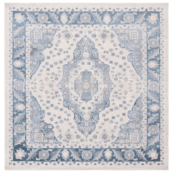 Blair Beige/Gray Blue 7 ft. x 7 ft. Machine Washable Medallion Ornate Square Area Rug