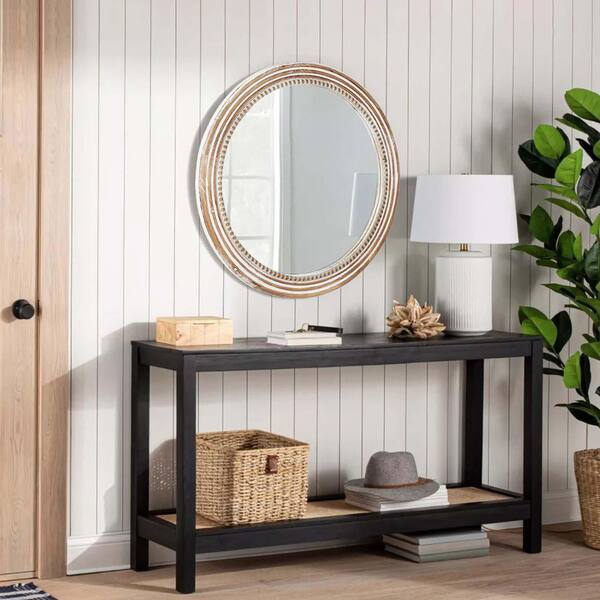Seafuloy White 23.62 in. W x 23.62 in. H Farmhouse Round Wall Mirror with Wood Beaded Frame,Rustic Decorative Mirror for Bathroom