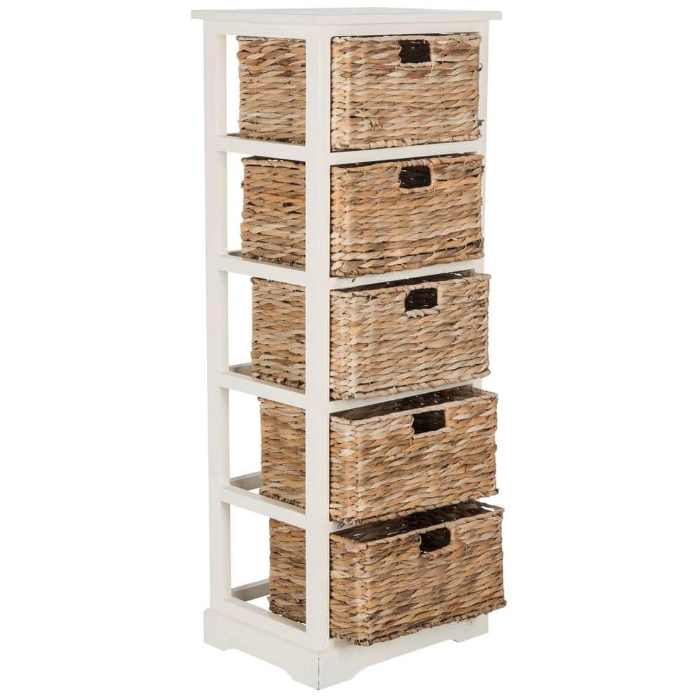 Coastal Breeze White Pine 5-Drawer Wicker Basket Storage Tower