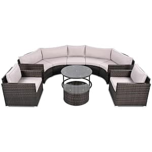 Brown 9-Piece Wicker Outdoor Sectional Set with Beige Cushions