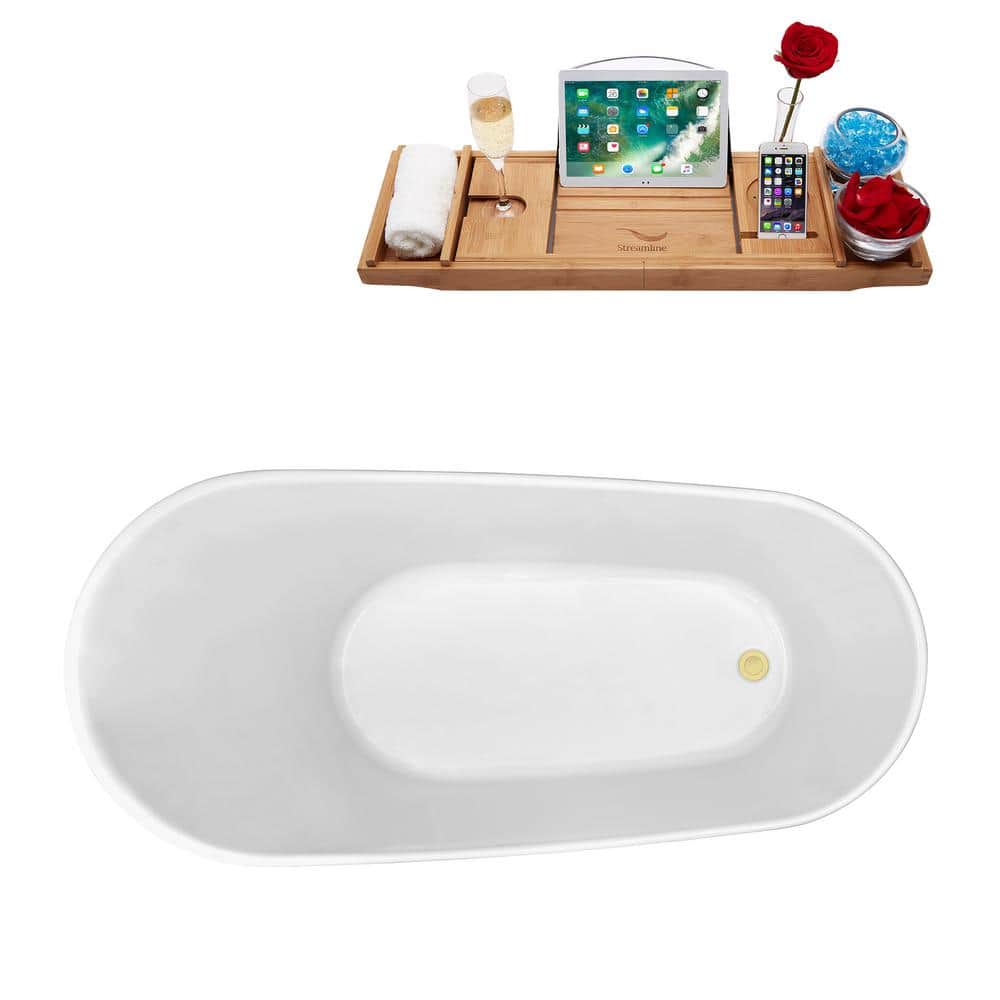 67" Glossy White Freestanding Acrylic Soaking Tub with Bamboo Tray