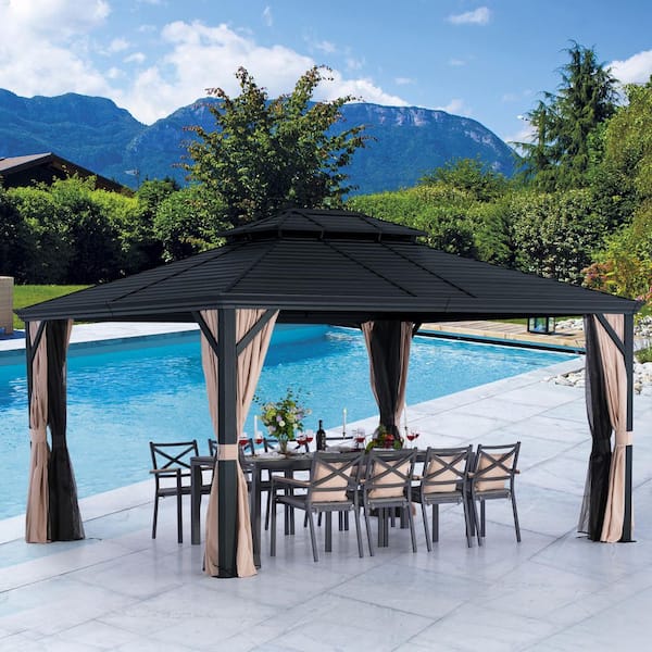 12 ft. x 14 ft. Dark Gray Aluminum Hardtop Gazebo with Double Roof Canopy, Beige Curtains and Netting
