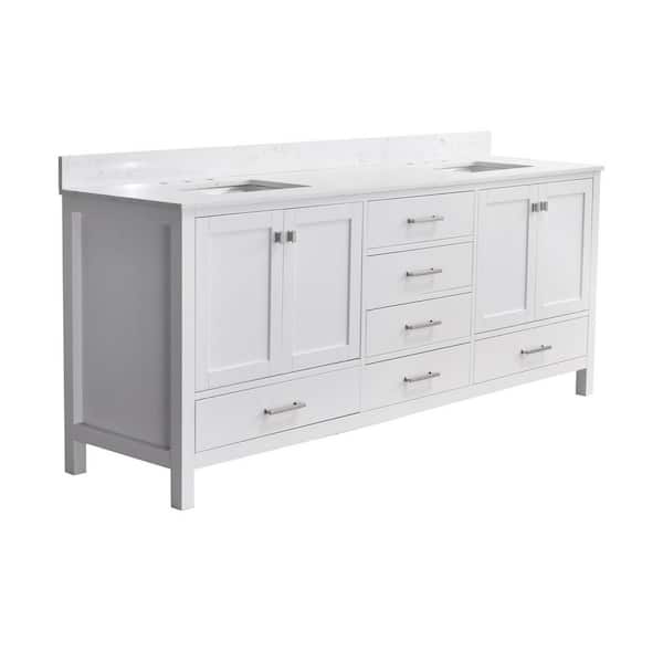 StarrySky 84 in. Undermount Double Sink Freestanding Bath Vanity in White with Engineered Stone Top
