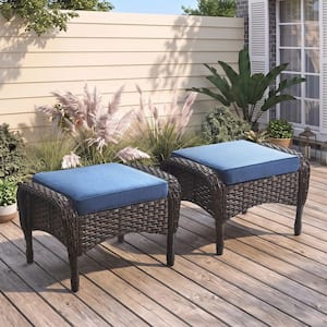 SleekArm Brown Wicker Outdoor Ottoman with Blue Cushions for Patio Furniture PE Resin Footrest (Set of 2)