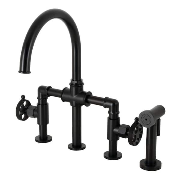 Kingston Brass Webb Double Handle Deck Mount Gooseneck Bridge Kitchen Faucet with Brass Side Sprayer in Matte Black