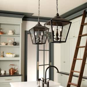 Dame 2-Light Textured Black Vintage Lantern Foyer Pendant Hanging Light with Clear Glass