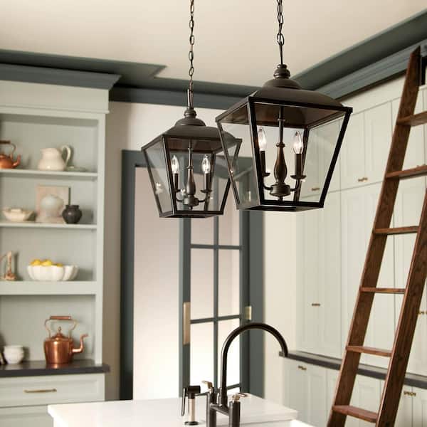 Dame 2-Light Textured Black Vintage Lantern Foyer Pendant Hanging Light with Clear Glass