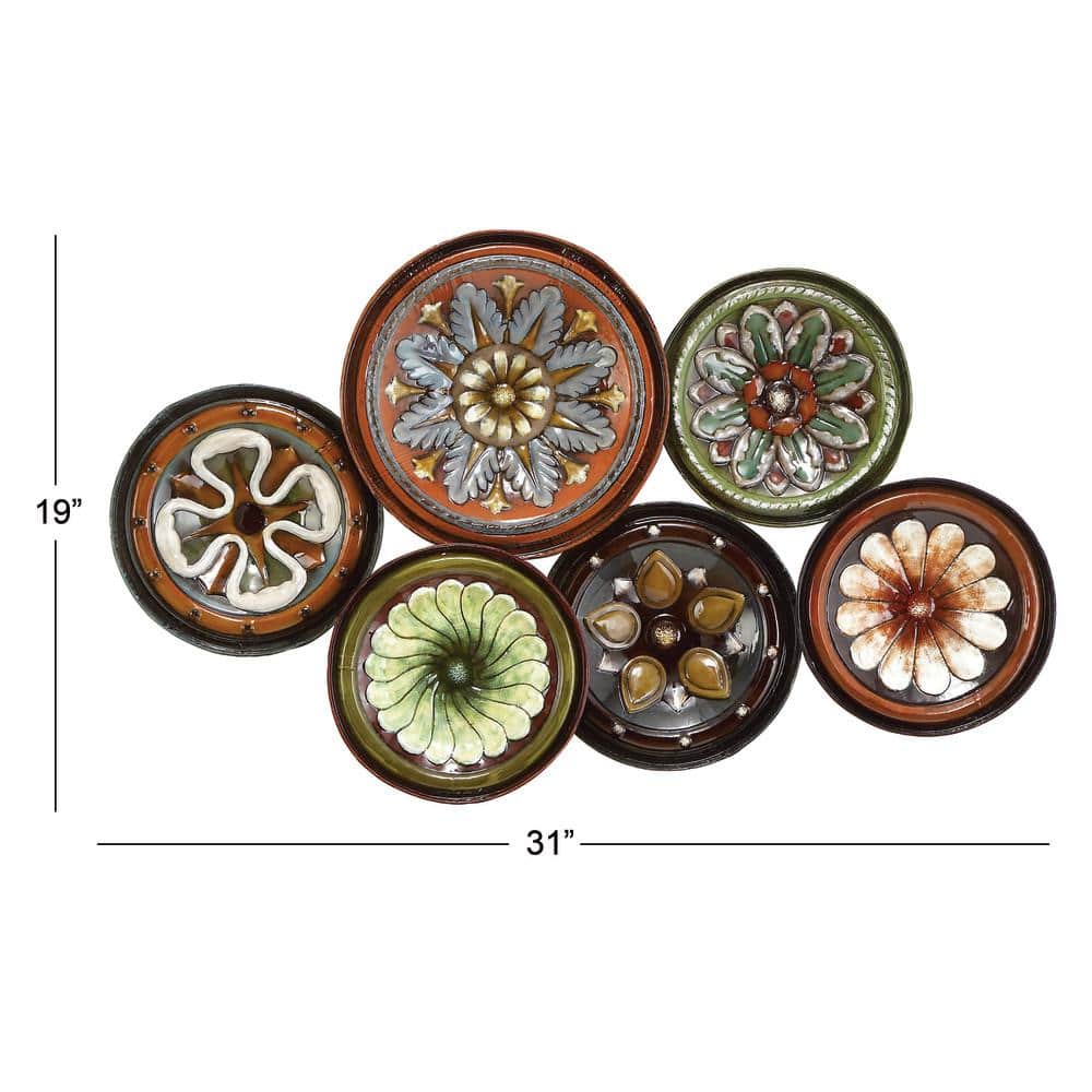 Rustic Floral Metal Wall Sculpture with Multi-Colored Plates, 31"W x 19"H