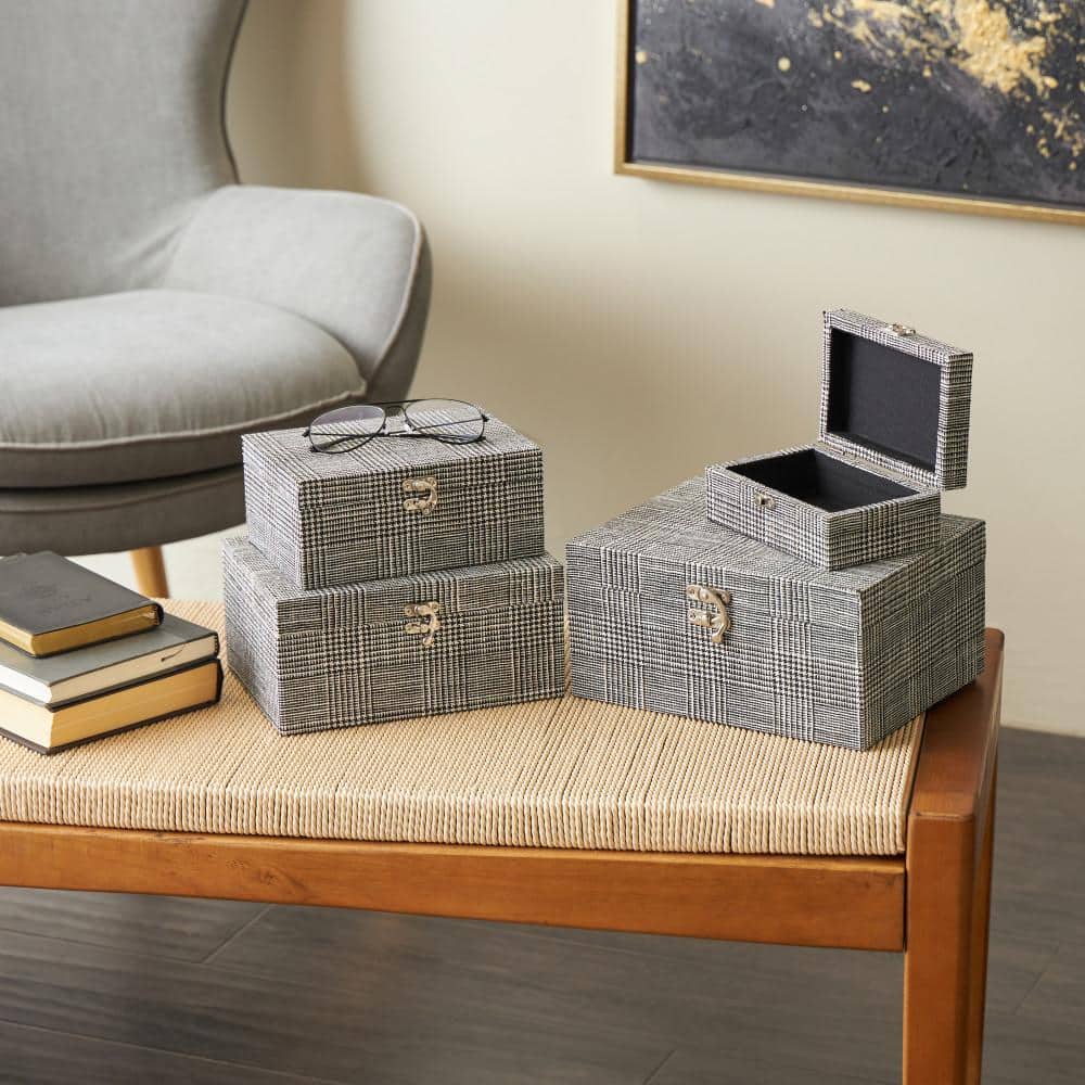 Handmade Black and White Fabric Storage Boxes with Silver Latches, Set of 4