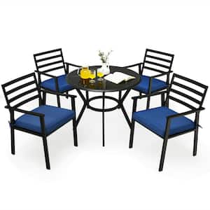 Black 5-Piece Metal Outdoor Dining Set with Navy Blue Cushions