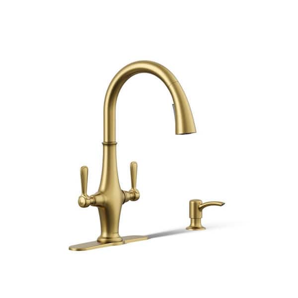 Pannier Two-Handle Pull Down Sprayer Kitchen Faucet in Vibrant Brushed Moderne Brass