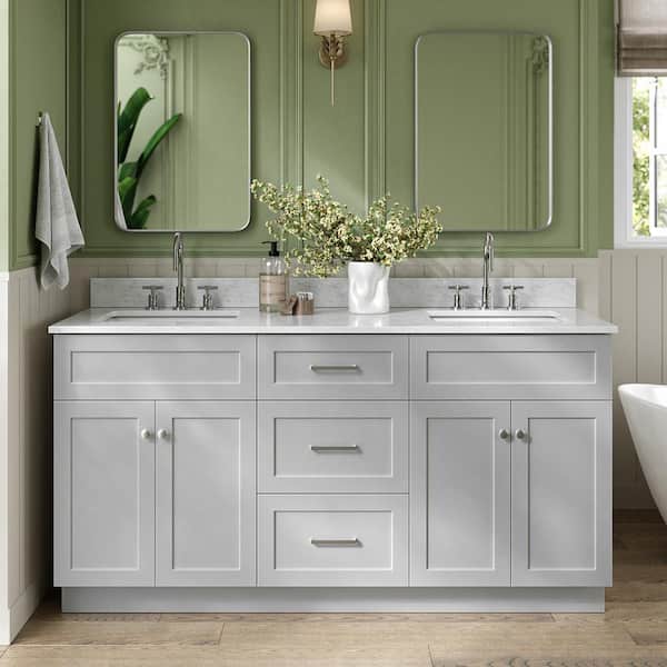 ARIEL Hamlet 67 in. W x 22 in. D x 35.25 Double Sink Freestanding Bath Vanity in Grey with Carrara White Marble Top