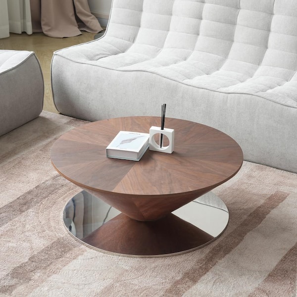 J&E Home 35.45 in. Round Wood Coffee Table with Drawers in Brown