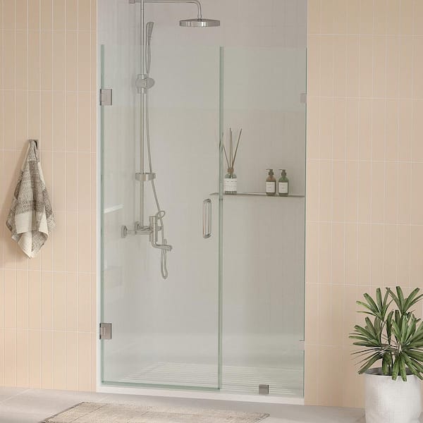 Nirvana 67.5 in. W x 76 in. H Frameless Pivot Hinged Shower Door in Chrome with 3/8" Clear Glass