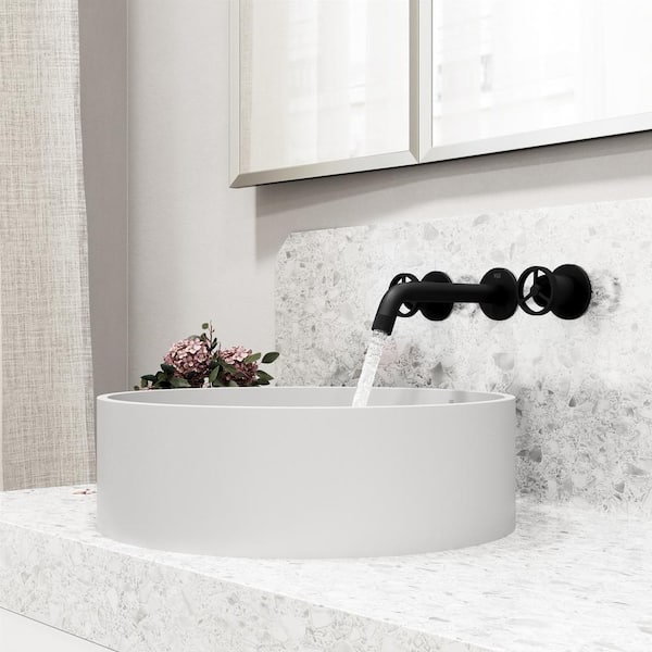 VIGO Matte Stone Anvil Composite Round Vessel Bathroom Sink in White with Wall-Mount Faucet and Pop-Up Drain in Matte Black