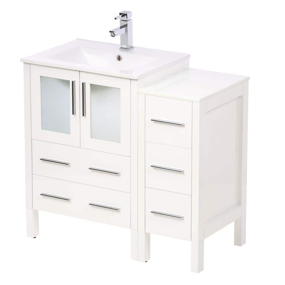 White Engineered Wood Freestanding Vanity Set with Mirror and Ceramic Sink