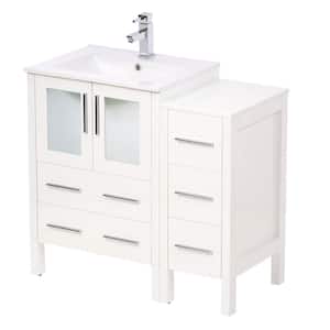 Torino 36 in. Vanity in White with Ceramic Vanity Top in White with White Basin with Mirror and 1 Side Cabinet