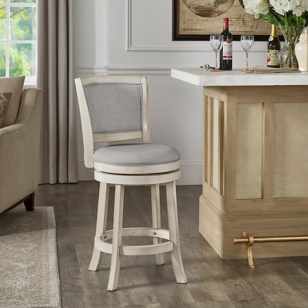 24.37 in. Antique White Finish Wood Frame Grey Upholstered Back Swivel Counter Height Stool