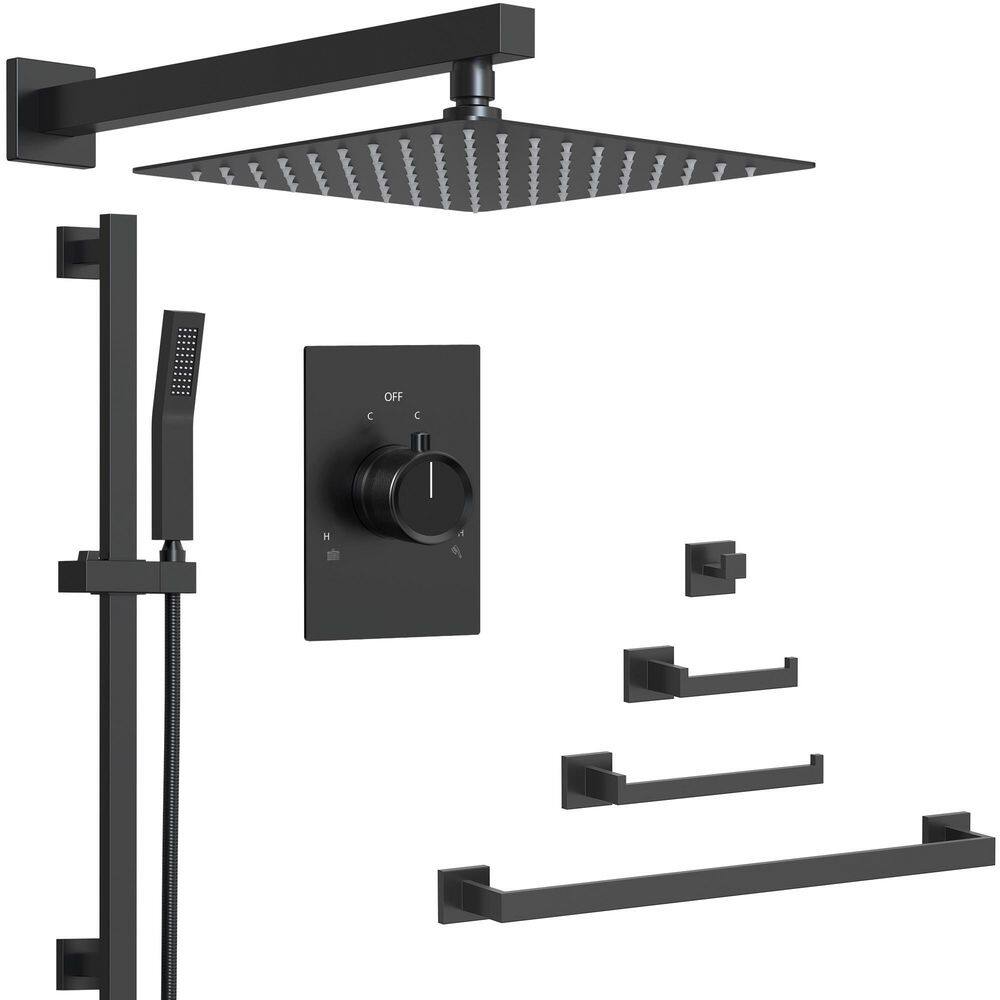 2-Spray 10in. Pressure Balance Dual Wall Mount Fixed and Handheld Shower Head 2.5 GPM with Towel Rack Set in Matte Black price history on PriceWatchPro