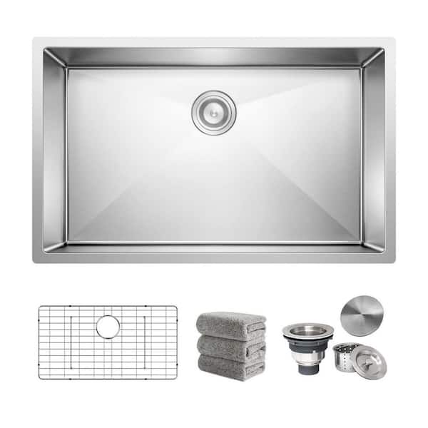 30 in. Undermount Single Bowl 16 Gauge Stainless Steel Kitchen Sink with Bottom Grid, Drain Assembly, Drain Cap, Towel