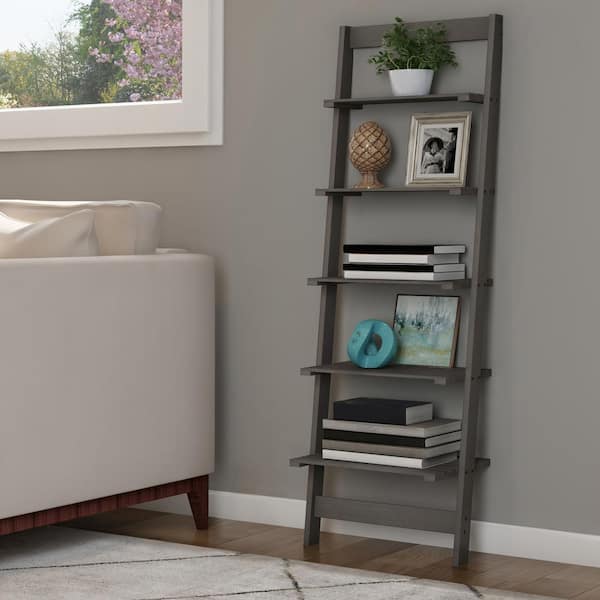 Lavish Home 50 in. Narrow Leaning Ladder Bookshelf, 5-Tier Wooden Bookcase for Living Room, Office or Bedroom, Gray