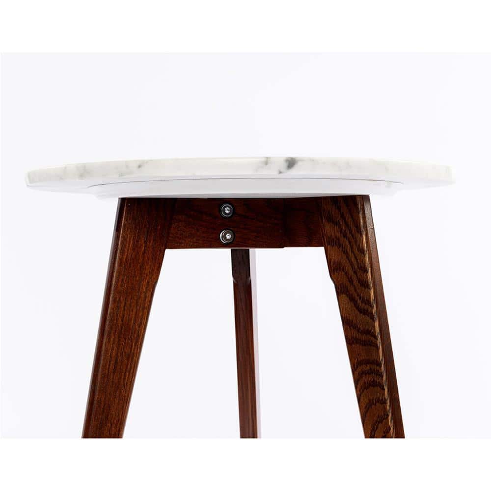 Cherie 19" Round White Marble and Elm Wood Side Table