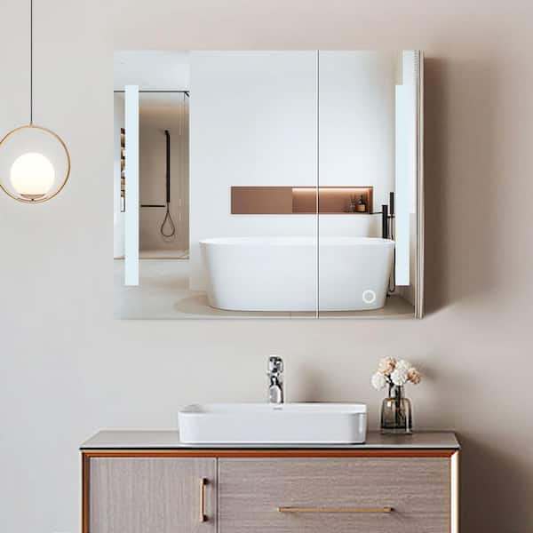 ANGELES HOME 30 in. W x 26 in. H Large Rectangular Black Framed Aluminium Surface Mount Medicine Cabinet with Mirror, Anti-Fog