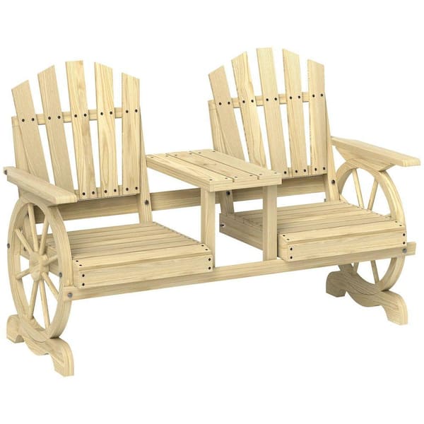 2-Seat Wood Garden Bench with Table & Umbrella Hole-Rustic Wagon Wheel Design, High Backrest & Armrests