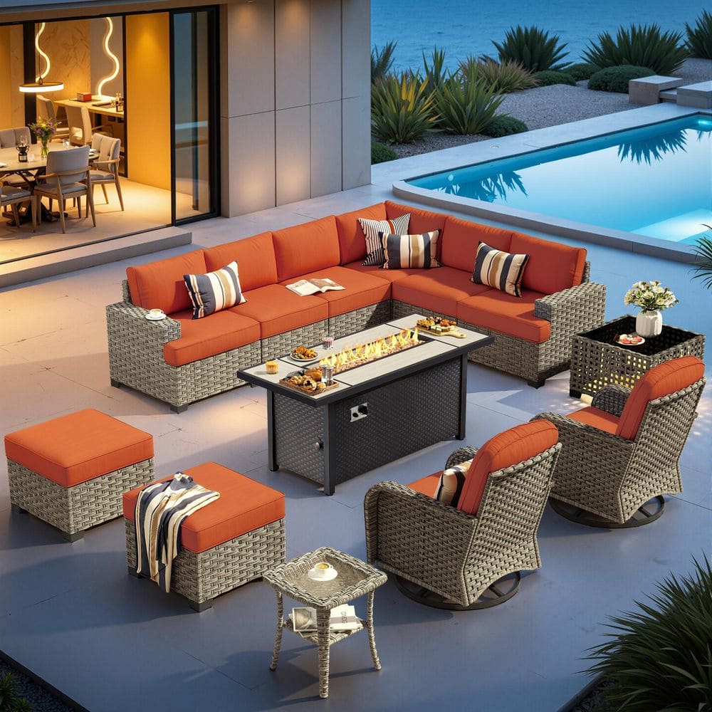 XIZZI Epoch 13 Pieces Wicker Outdoor Patio 54 in. Rectangular Fire