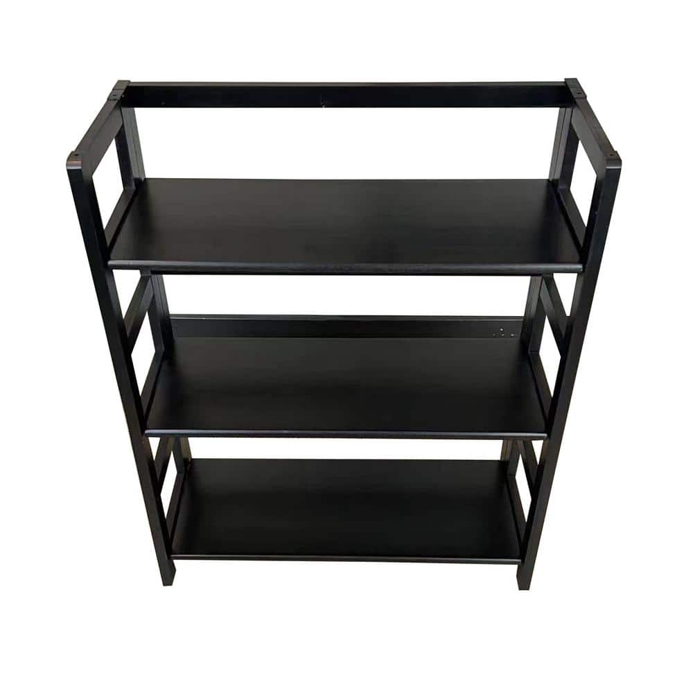 Direct front view of the black acacia 3-shelf folding etagere bookcase.