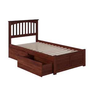 Mission Walnut Twin XL Solid Wood Storage Platform Bed with Flat Panel Foot Board and 2 Bed Drawers