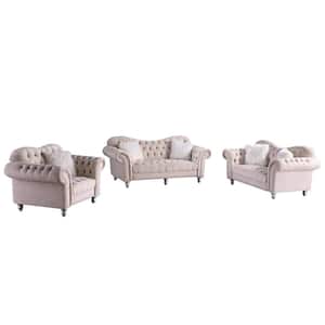 Luxury Classic 3 Piece America Chesterfield Tufted Camel Back Sofa Set Chair, Loveseat and Sofa in Beige