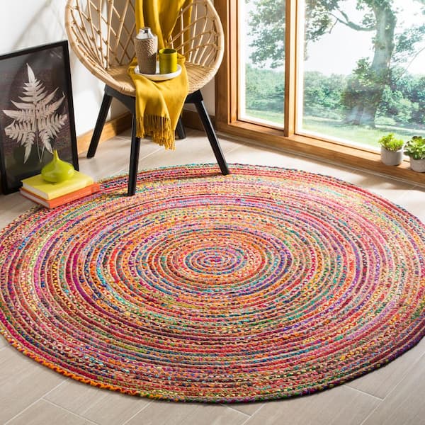 Cape Cod Red/Multi 5 ft. x 5 ft. Striped Border Round Area Rug