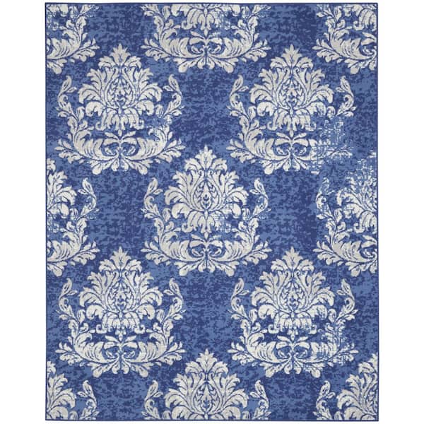 7 ft. x 10 ft. Blue and Ivory Damask Distressed Non Skid Area Rug